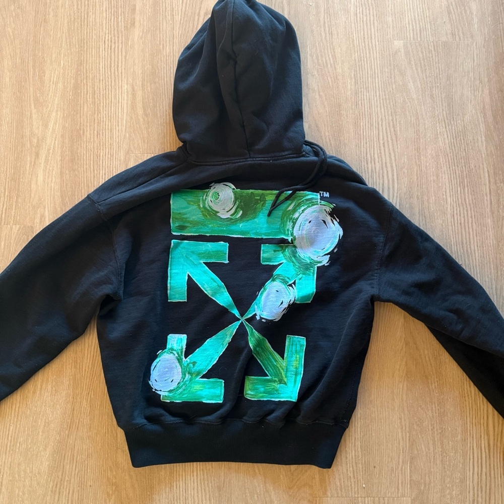 Off-White Black Watercolor Hoodie with Vibrant Green and White Graphic